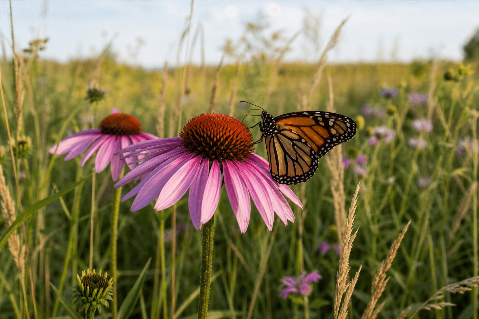 Purple coneflower with a monarch butterfly